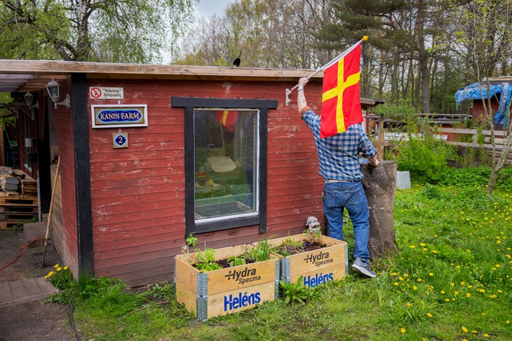 Anders Johansson hissar den skånska flaggan.